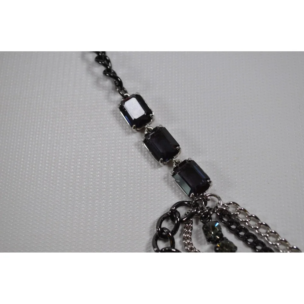 Dark Silver Tone Multi Strand Layer Necklace w/ Clear‎ Rhinestone Accent 35.5